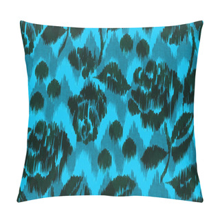Personality  Blue Roses Pattern Ethnic Ornament On A Blue Chevron Background. Folk Blue Floral Pattern On A Zig Zag. Floral Chevron Ikat Texture Print. Watercolor Illustration Black  Flower On A Zigzag Ikat Backdrop Pillow Covers