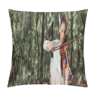 Personality  Panoramic View Of Brunette Woman In White Swan Costume Playing On Violin Pillow Covers