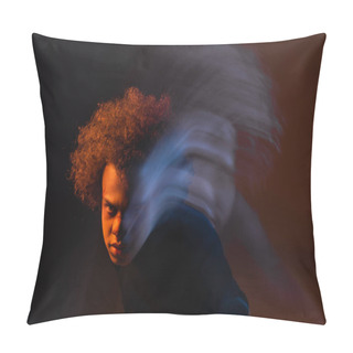 Personality  Double Exposure Of Wounded And Angry African American Man With Broken Nose On Dark Background With Red And Blue Light Pillow Covers