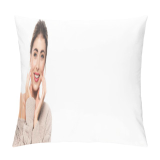 Personality  Horizontal Image Of Woman In Knitted Sweater Touching Face While Looking At Camera Isolated On White Pillow Covers