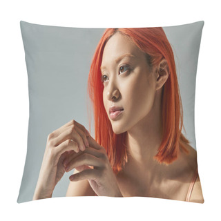 Personality  Elegant And Young Asian Woman Looking Away And Posing On Grey Background, Graceful Hand Gesture Pillow Covers