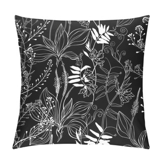 Personality  Seamless Vector Pattern With Wildflowers On A Black Background. Grass Mouse Peas With Flowers, Plantain And Shepherd's Purse.Silhouettes And Line Art. Pillow Covers