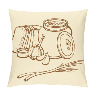 Personality  Vector Sketch Of Ukrainian Lunch. Warm Soup, Bread, Garlic Pillow Covers
