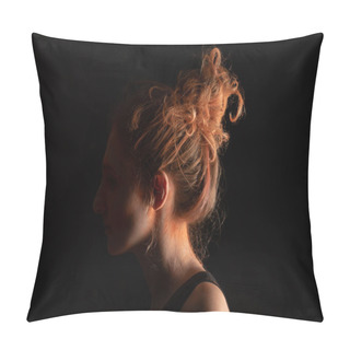 Personality  Profile Of Woman With Orange Colorful Holi Paint Powder On Face Isolated On Black Pillow Covers