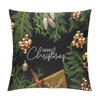 Personality  Top View Of Shiny Golden Christmas Decoration, Green Thuja Branches And Gift Box Isolated On Black With Merry Christmas Illustration Pillow Covers