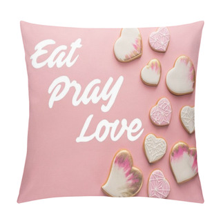 Personality Flat Lay With Arrangement Of Glazed Heart Shaped Cookies Isolated On Pink Surface Pillow Covers