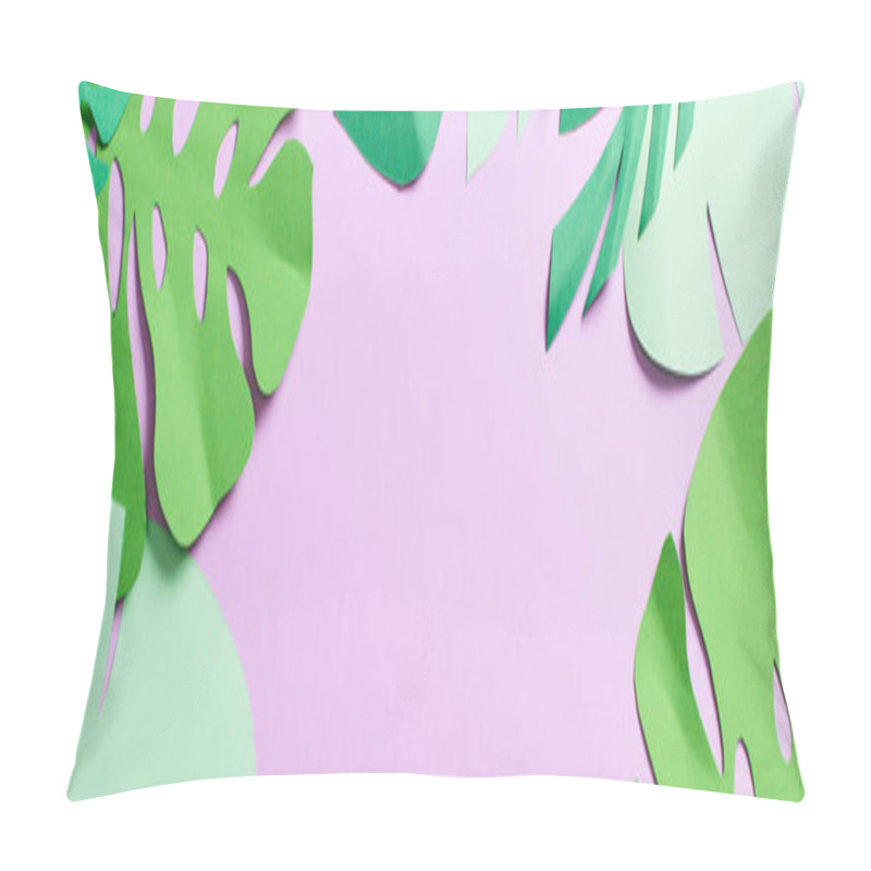 Personality  panoramic shot of green paper cut tropical leaves on violet background with copy space pillow covers