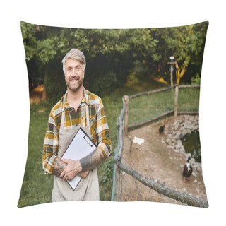 Personality  Handsome Jolly Farmer With Tattoos And Beard Holding Clipboard Near Aviary And Smiling At Camera Pillow Covers