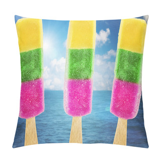 Personality  Ice Cream In Three Colors On Summer Sea Background Pillow Covers