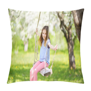 Personality  Cute Little Girl Having Fun On A Swing In Blossoming Old Apple Tree Garden Outdoors On Sunny Spring Day. Spring Outdoor Activities For Kids. Pillow Covers