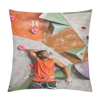 Personality  Vertical Shot Of African American Man Near Climbing Wall With Hand Behind Head, Bouldering Pillow Covers