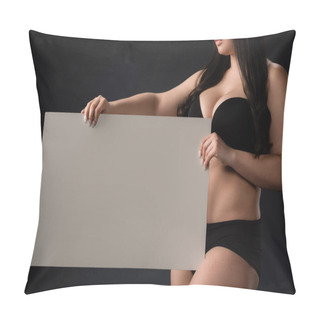 Personality  Cropped View Of Plus Size Model In Underware With Empty Board On Black Background Pillow Covers