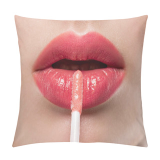 Personality  Close Up Of Young Woman Applying Lip Gloss  Pillow Covers