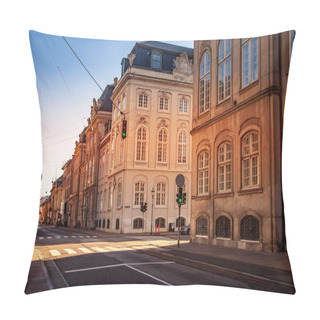Personality  COPENHAGEN, DENMARK - MAY 6, 2018: Scenic View Of Cityscape With Buildings And Empty Street  Pillow Covers