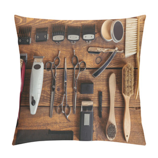 Personality  Top View Of Professional Hairdressing Equipment On Wooden Table In Barbershop Pillow Covers