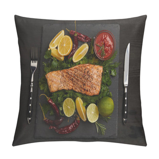 Personality  Top View Of Grilled Salmon Steak, Pieces Of Lime And Lemon, Chili Peppers, Sauce And Cutlery On Black Surface Pillow Covers
