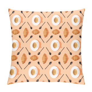 Personality  Top View Of Spoons, Fresh Croissants On Plates And Coffee On Orange, Seamless Background Pattern Pillow Covers