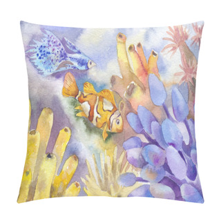 Personality  Watercolor Reef With Pirple And Yellow Fishes, Hand-drawn Illust Pillow Covers