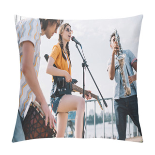 Personality  Multiracial Young People With Guitar, Djembe And Saxophone Playing Music On Sunny City Street Pillow Covers