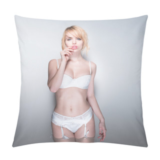 Personality  Portrait Of Blond Woman Wearing White Lingerie Pillow Covers