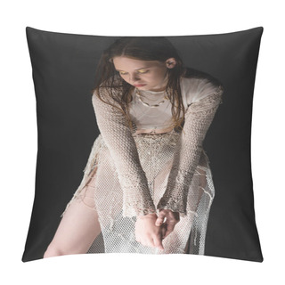 Personality  Trendy Model In Fishnet Skirt And Knitted Cardigan Standing Isolated On Black  Pillow Covers