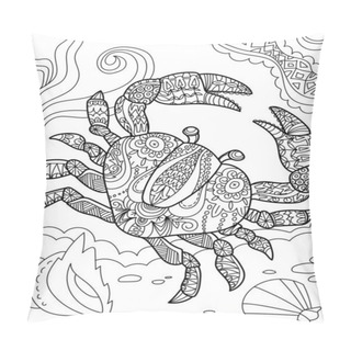 Personality  Large Crab Top View Underwater Surrounded By Sea Shells Colorless Line Drawing. Big Decapod Submerged In Ocean Coloring Book Page. Pillow Covers