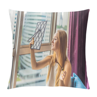 Personality Young Woman Does Makeup Sitting By The Window With A Panoramic View Of The Skyscrapers And The Big City Pillow Covers
