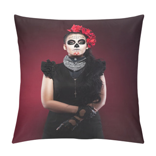 Personality  Serious Woman In Day Of The Dead Mask On Red Pillow Covers