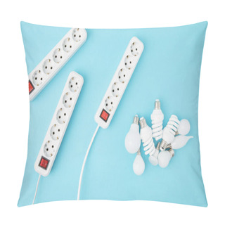 Personality  Flat Lay With Extension Cords And Different Light Bubs Isolated On Blue Pillow Covers