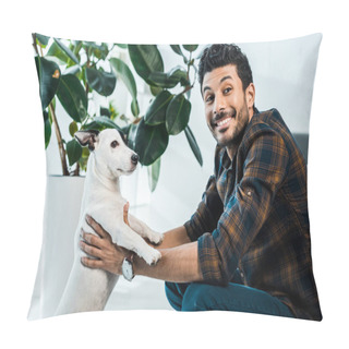Personality  Handsome And Smiling Bi-racial Man Holding Jack Russell Terrier Pillow Covers
