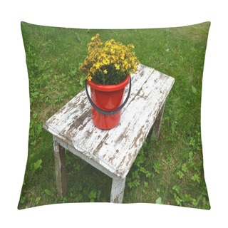 Personality  Big St Johns Wort Flowers Bunch In Red Bucket On Old  Table Pillow Covers