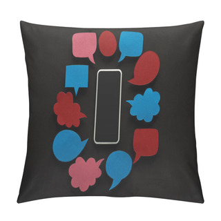 Personality  Top View Of Smartphone With Blank Screen On Black Background With Empty Speech Bubbles, Cyberbullying Concept Pillow Covers