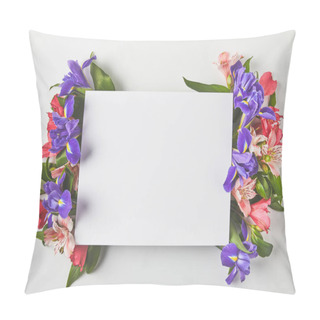 Personality  Top View Of Blank Card And Beautiful Tender Flowers On Grey  Pillow Covers