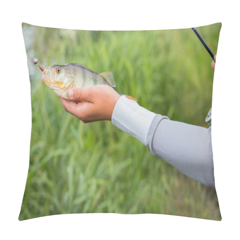 Personality  Fisherman holding a perch in hand pillow covers
