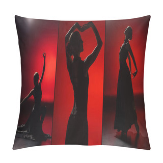 Personality  Collage Of Young And Elegant Woman Dancing Flamenco On Red Pillow Covers