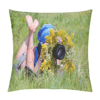 Personality  Girl-photographer-hunter. Masking For Photographing Animals In Green Grass On A Sunny Day. Pillow Covers