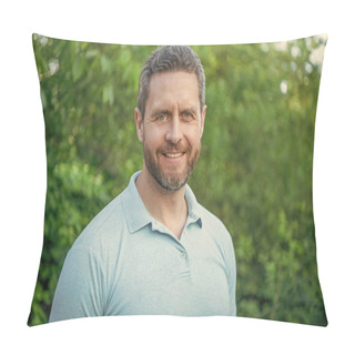 Personality  Portrait Of Happy Handsome Man Smiling In Blue Tshirt Natural Background. Pillow Covers