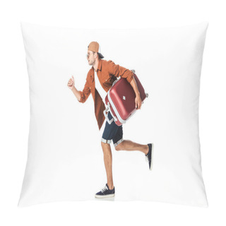 Personality  Side View Of Handsome Man Running With Luggage Isolated On White Pillow Covers