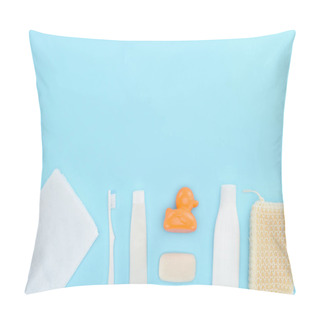 Personality  Top View Of Body Lotion, Toothbrush, Toothpaste, Towel, Soap And Toy Duck, Isolated On Blue Pillow Covers