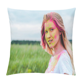 Personality   Happy Young Woman With Green And Pink Holi Paint On Face  Pillow Covers