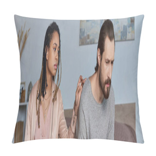 Personality  Abortion Concept, African American Woman Calming Stressed Man, Pregnancy Test, Unexpected, Banner Pillow Covers