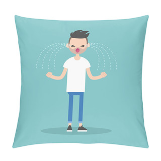 Personality  Young Loudly Crying Bearded Man Clenching His Fists / Editable C Pillow Covers