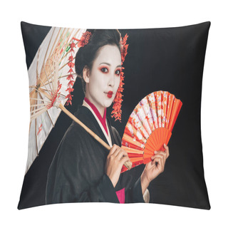 Personality  Beautiful Geisha In Black Kimono With Red Flowers In Hair Holding Asian Umbrella And Hand Fan Isolated On Black Pillow Covers