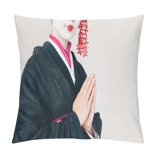 Personality  Cropped View Of Smiling Beautiful Geisha In Black Kimono With Greeting Hands Isolated On White Pillow Covers