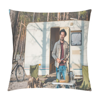 Personality  Smiling Man Cutting Avocado Near Campervan In Forest Pillow Covers