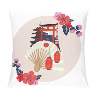 Personality  Colored Traditional Japanese Modern Scenario Wtih Buildings Vector Illustration Pillow Covers