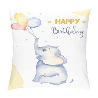 Personality  Watercolor Card With Cute Cartoon Baby Elephant And Air Balloons Pillow Covers