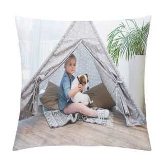 Personality  Kid Hugging Jack Russell Terrier In Tepee At Home  Pillow Covers