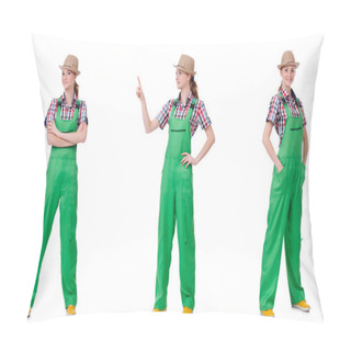 Personality  Collage Of Woman Wearing Green Coveralls Isolated On White Pillow Covers