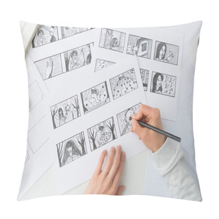 Personality  Hands Draw With A Pencil The Storyboard For The Film. The Artist Draws Cartoon Characters. Pillow Covers